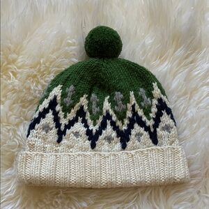 J. Crew Green and Cream Knit Beanie with Pom-Pom